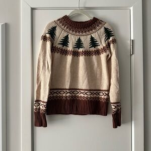 Cozy Beige and Brown Sweater with Tree Pattern